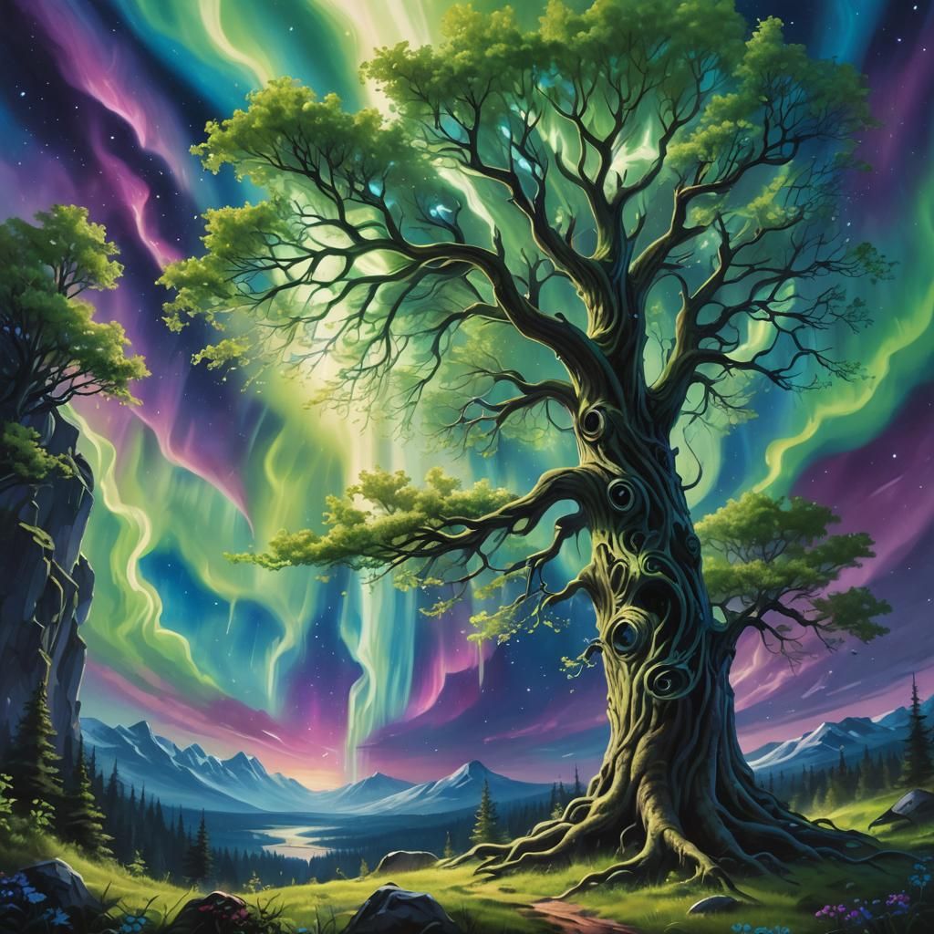 Glowing Tree Under Aurora Borealis: Fantasy Landscape