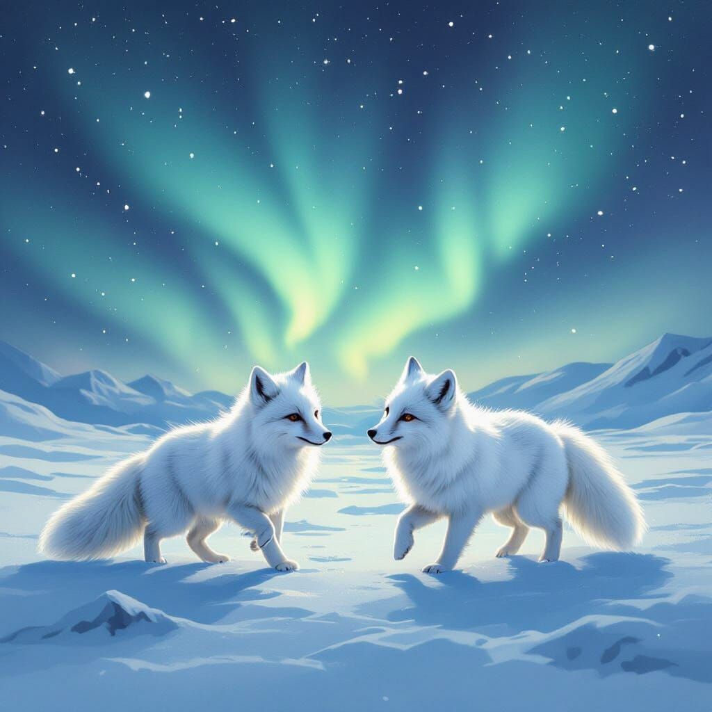 Arctic Foxes Playfully Chase Under Aurora Borealis