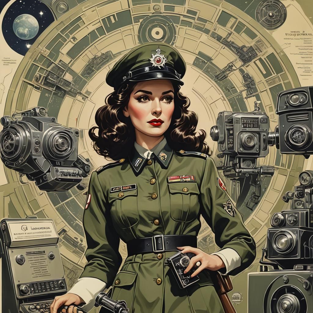 Futuristic Cityscape with Supergoddess in Retro Uniform