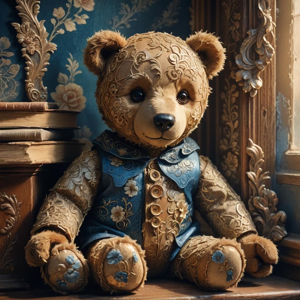 Worn Teddy Bear Portrait on Dusty Shelf