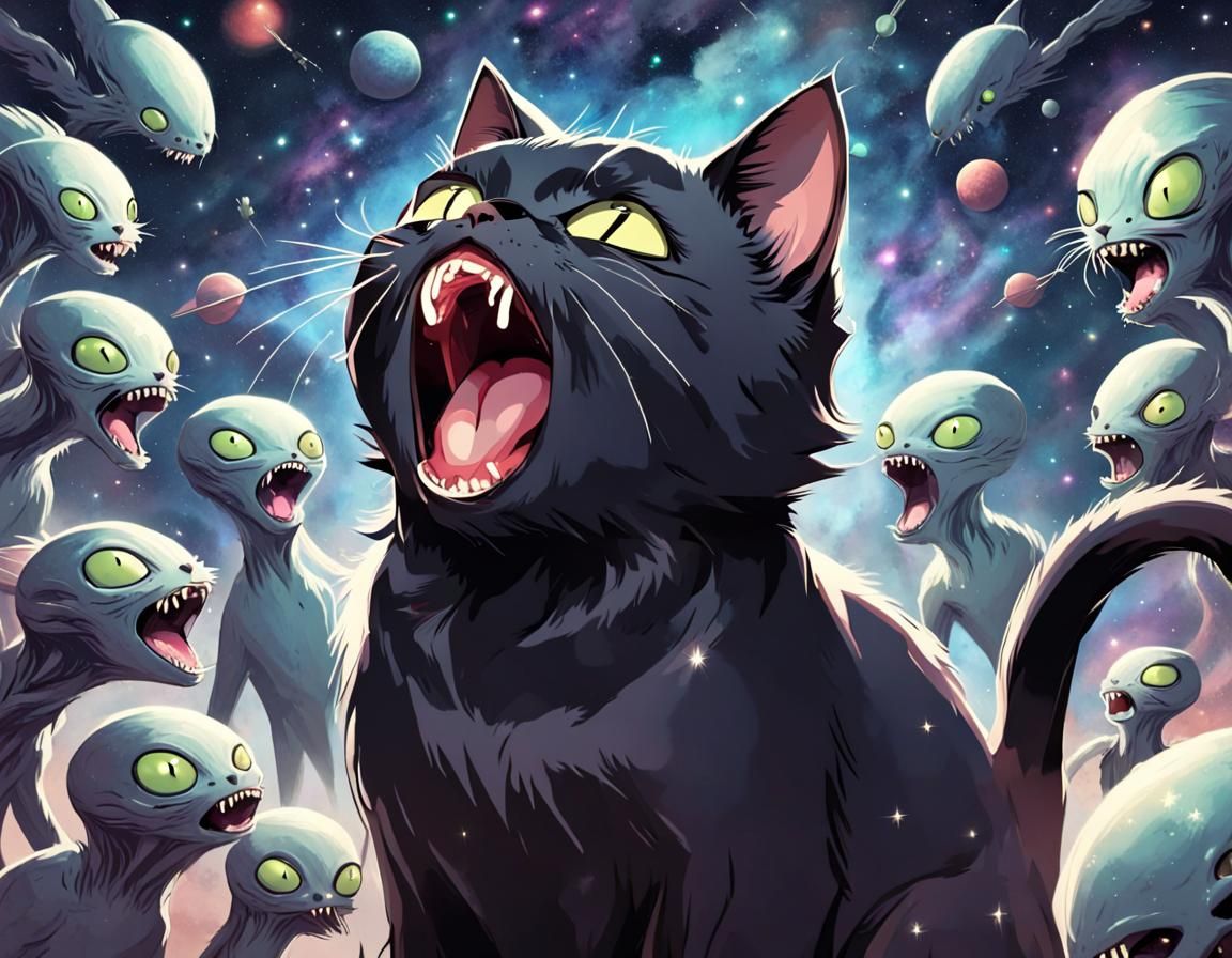 Black Cat Yawns in Horror-Filled Alien Space