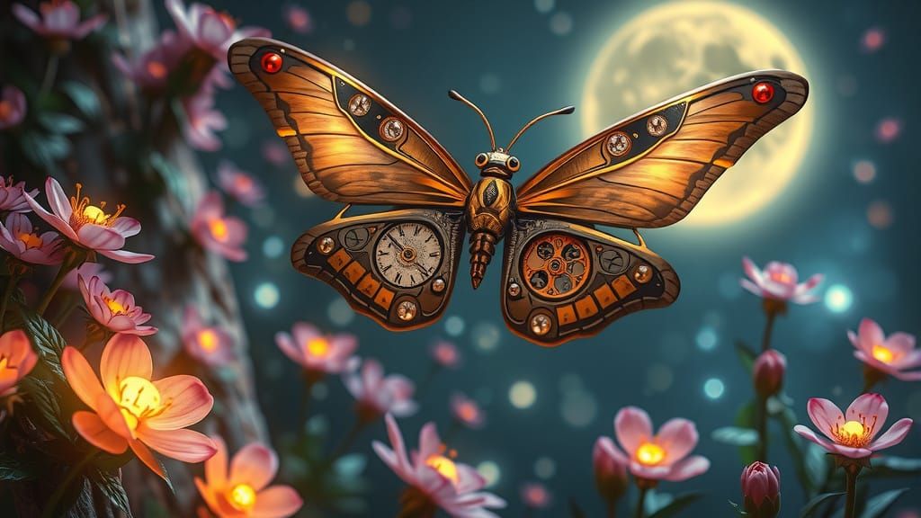 Victorian Automaton Butterfly in Moonlit Steampunk Garden