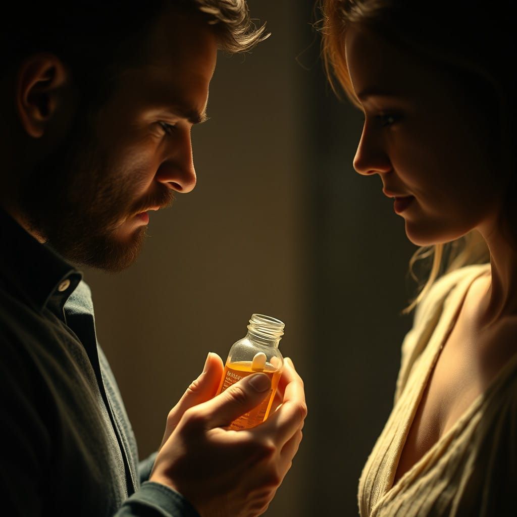 Concerned Man Hands Woman a Pill in a Moment of Quiet Urgenc...