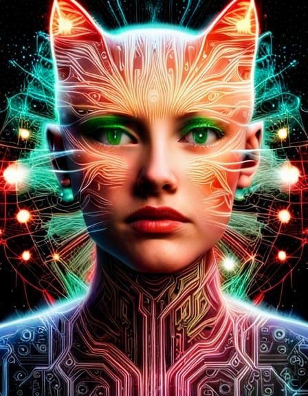 Cybernetic Kitten Starscape with Neon Circuits