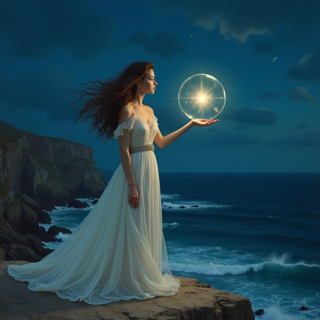 Woman Gazing at Starry Orb on Cliff