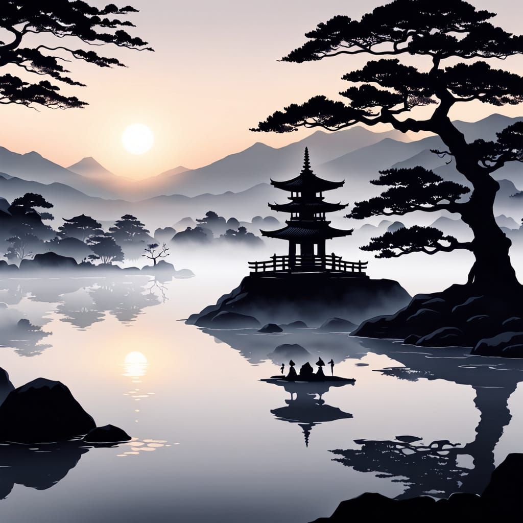 Tranquil Japanese Garden at Dawn in Sumi-e Style