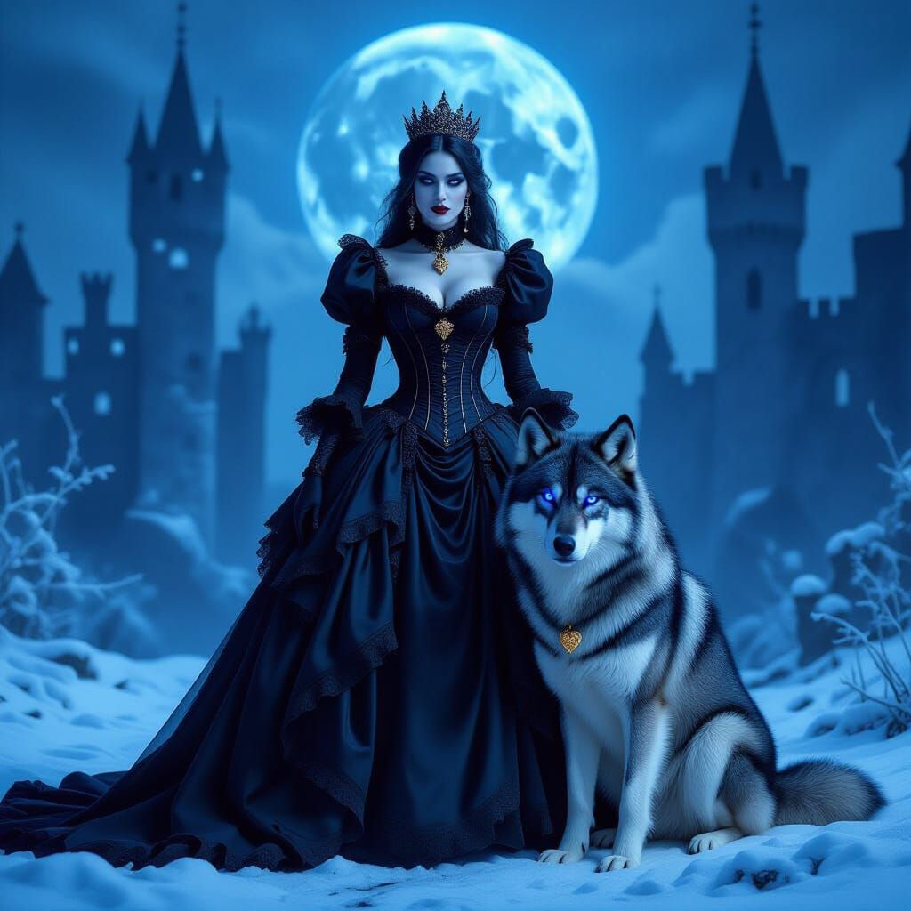 Regal Vampire Queen With Shadow Wolf Under Blue Moon