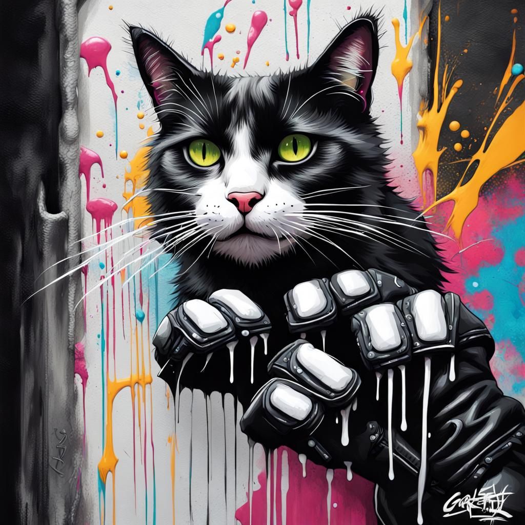 Cat in Leather Gloves: Graffiti Art Style