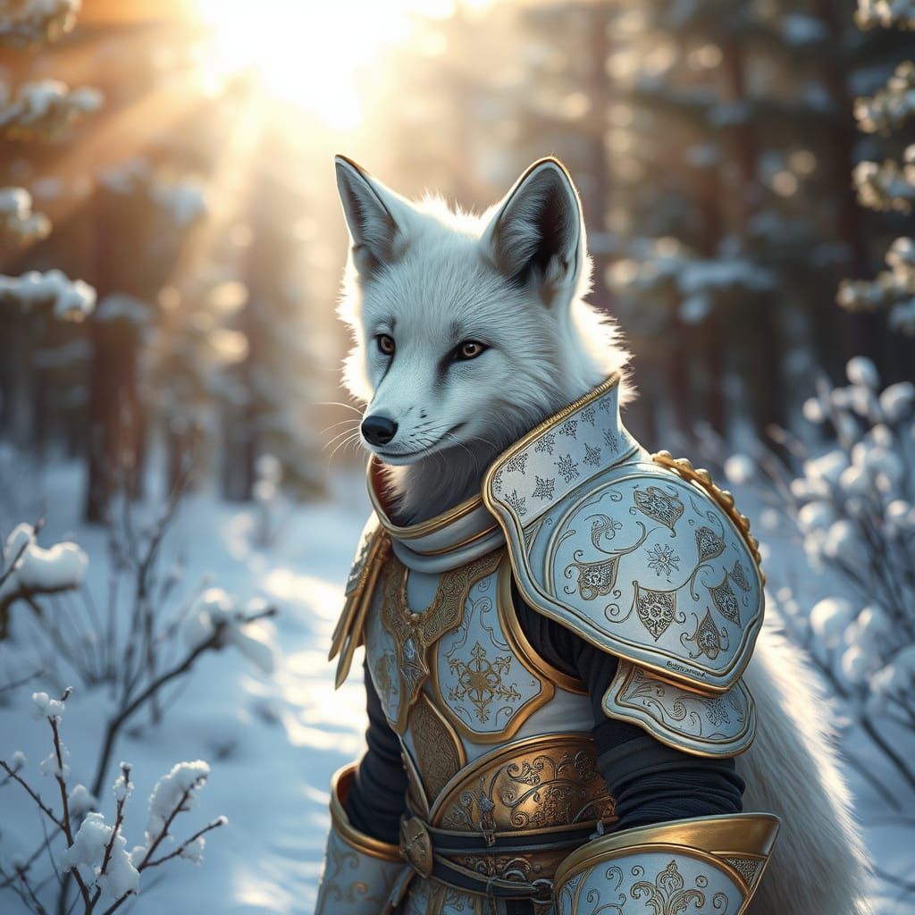 Armoured White Fox Emerging into Winter Wonderland