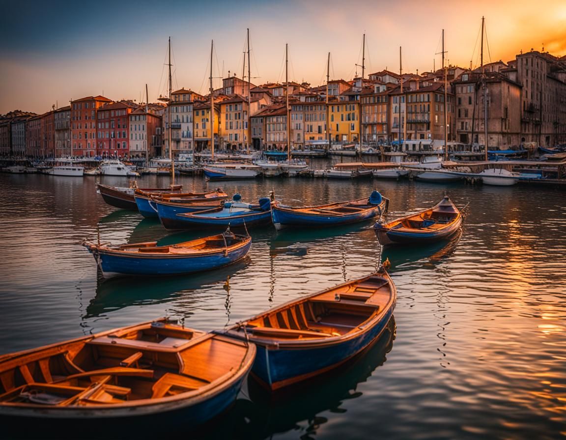 Realistic Aerial Sunset Harbor Photograph