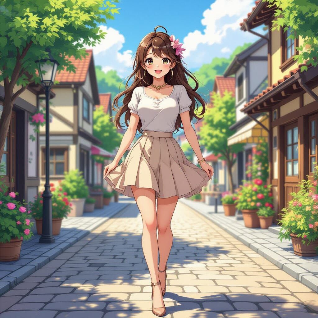 Charming Anime Woman Walks Through Quaint Town