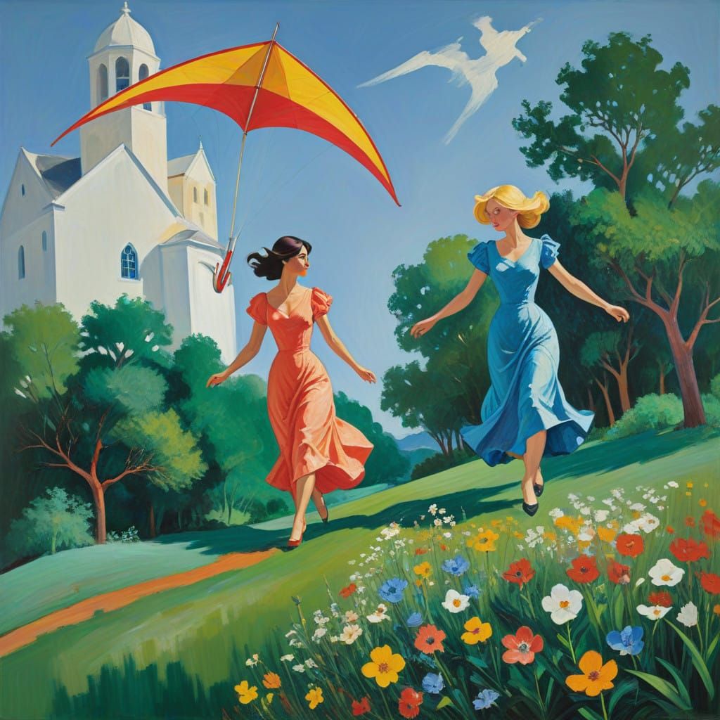 Two Women Soar Above a Dreamy Church Landscape