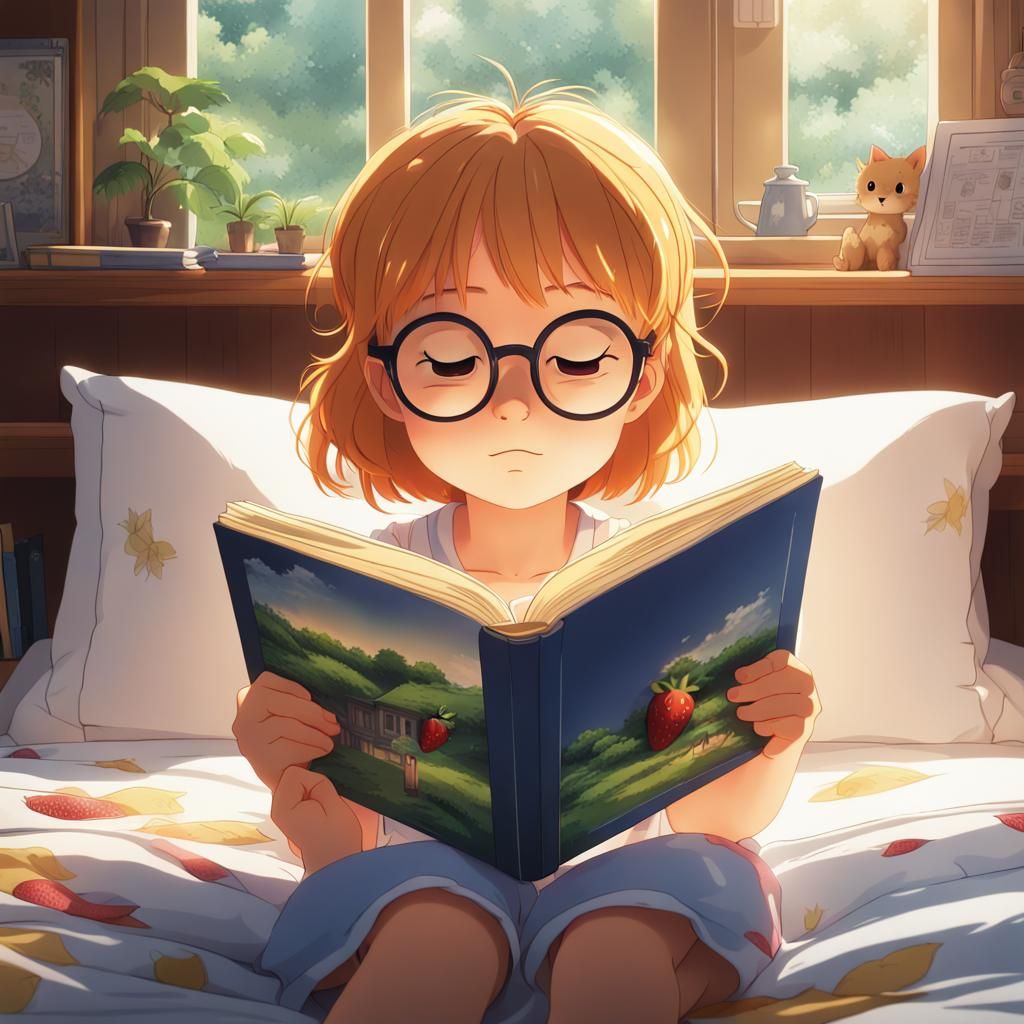 Strawberry Blonde Girl Reading: Ghibli-Style Anime
