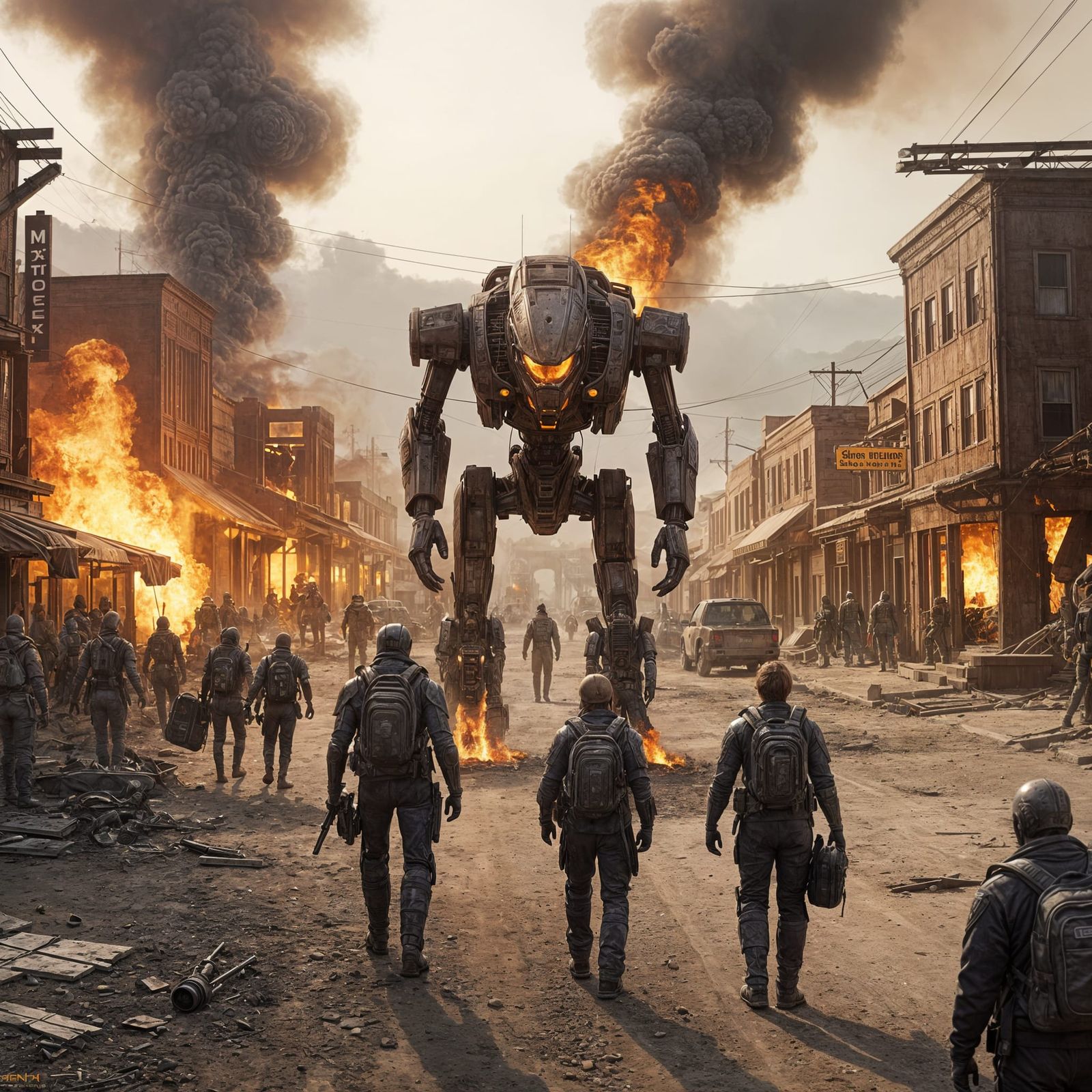 Survivors Leaving Burning Alien Town and Mech Warrior