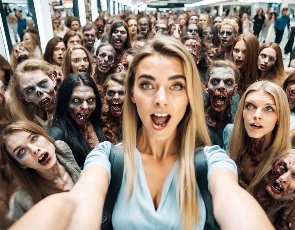 Young Woman Surrounded by Chaos in a Desperate Shopping Mall