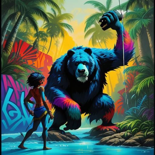 Baloo and Mowgli in Graffiti Street Art