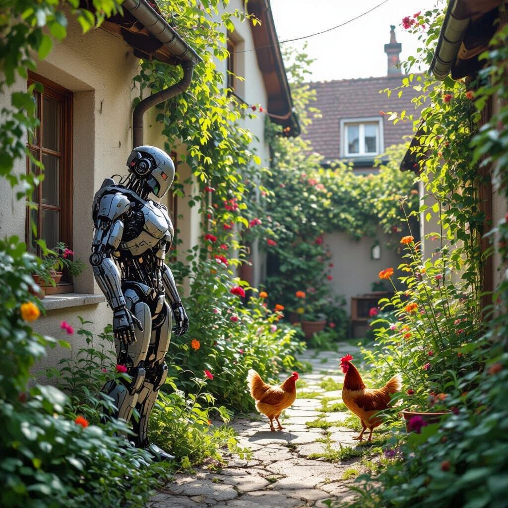 Lush Backyard Scene with Cyborg and Chickens