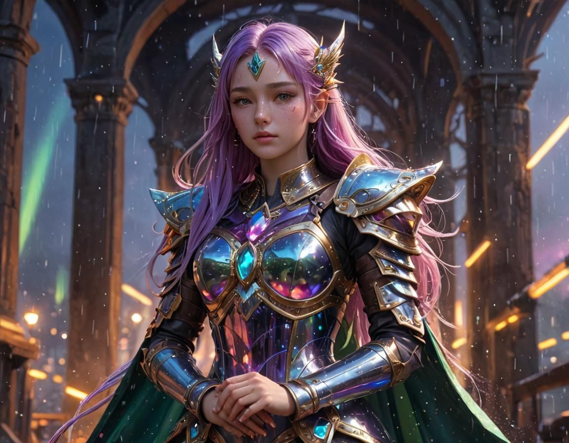 Teenage Girl in Cosmic Knight Armor, Anime Style