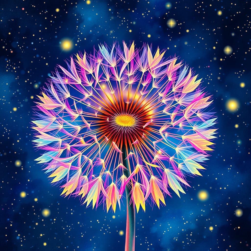 Rainbow Dandelion in Starry Night Sky