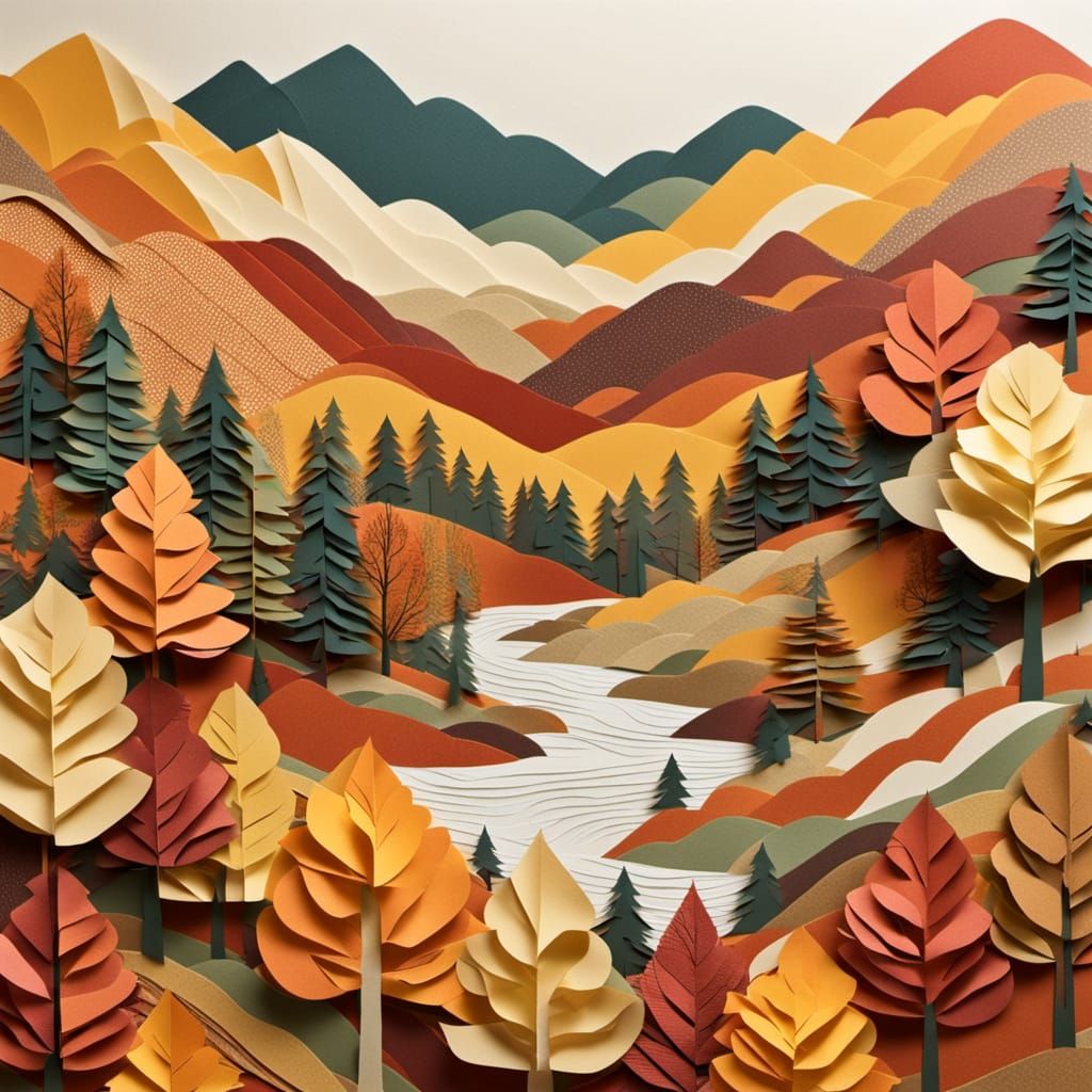3D Paper Collage Fall Landscape with Foggy Hills