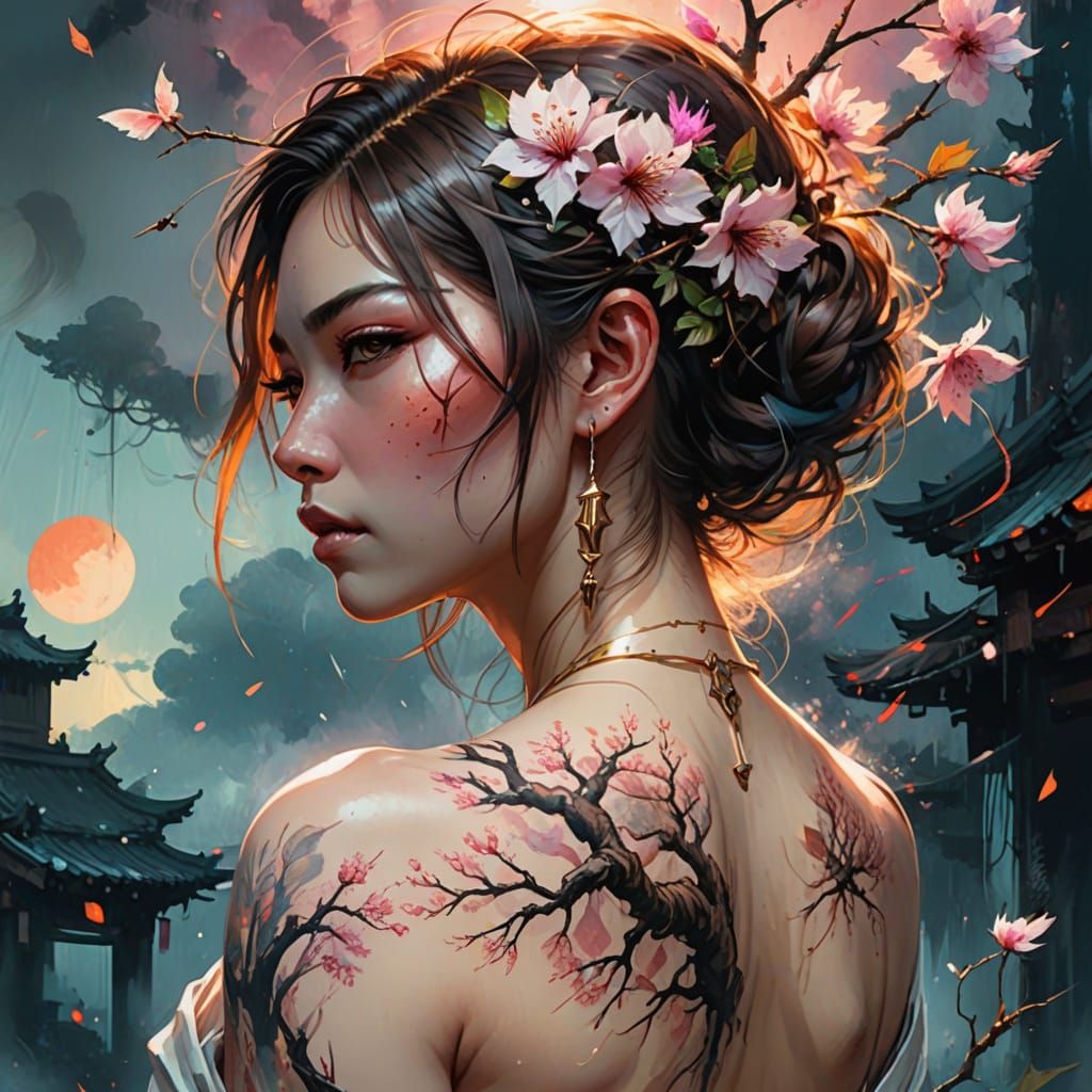 Elegant Yakuza Lady with Sakura Tree Tattoo in Watercolor St...
