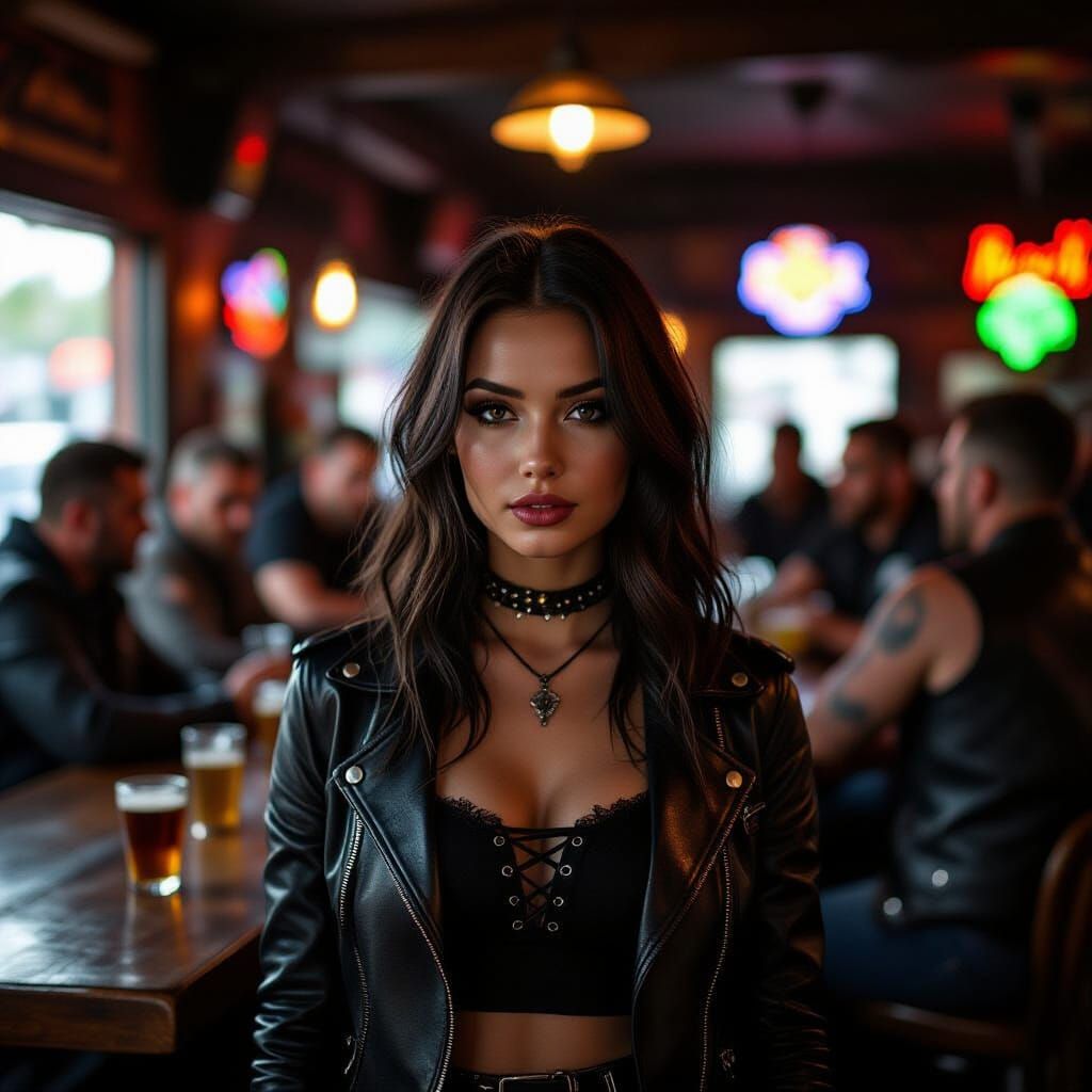 Goth Woman in Biker Bar with Tall Bikers