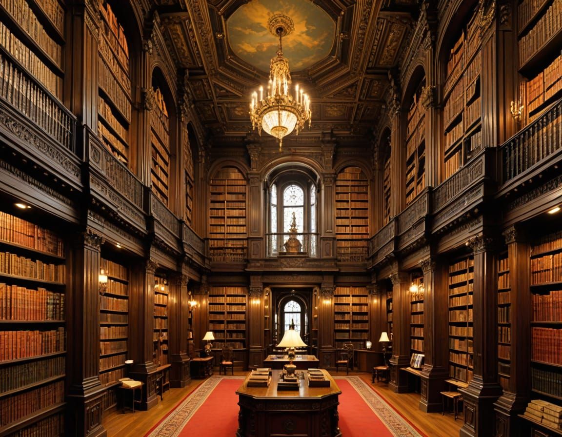 Elegant Ancient Library in Ornate Splendor