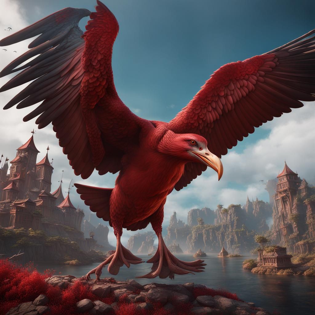 Fantastical Red Albatross in Detailed Matte Painting