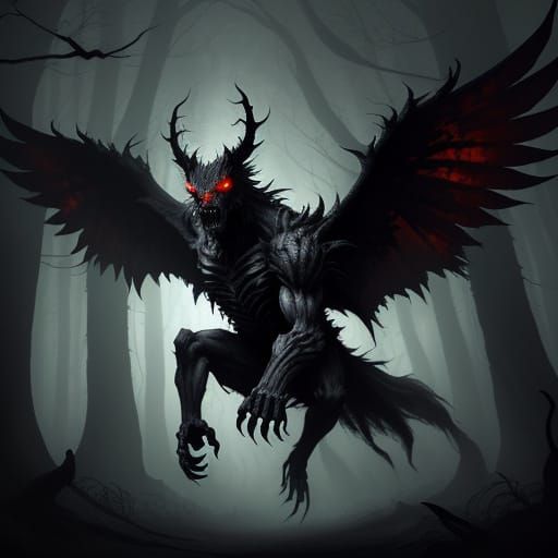 Eerie Demon Leaping Through Dark Forest Concept Art