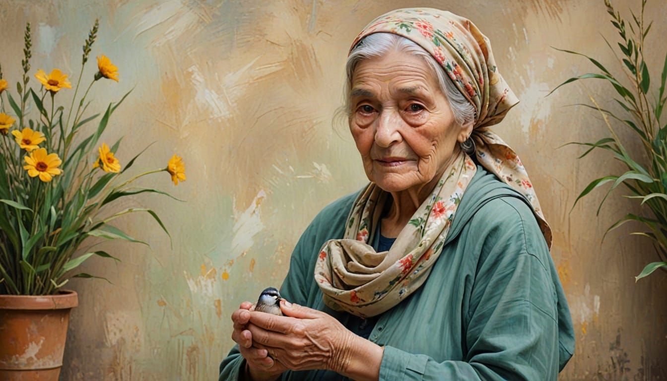 Warm Portrait of an Elderly Woman with Small Birds