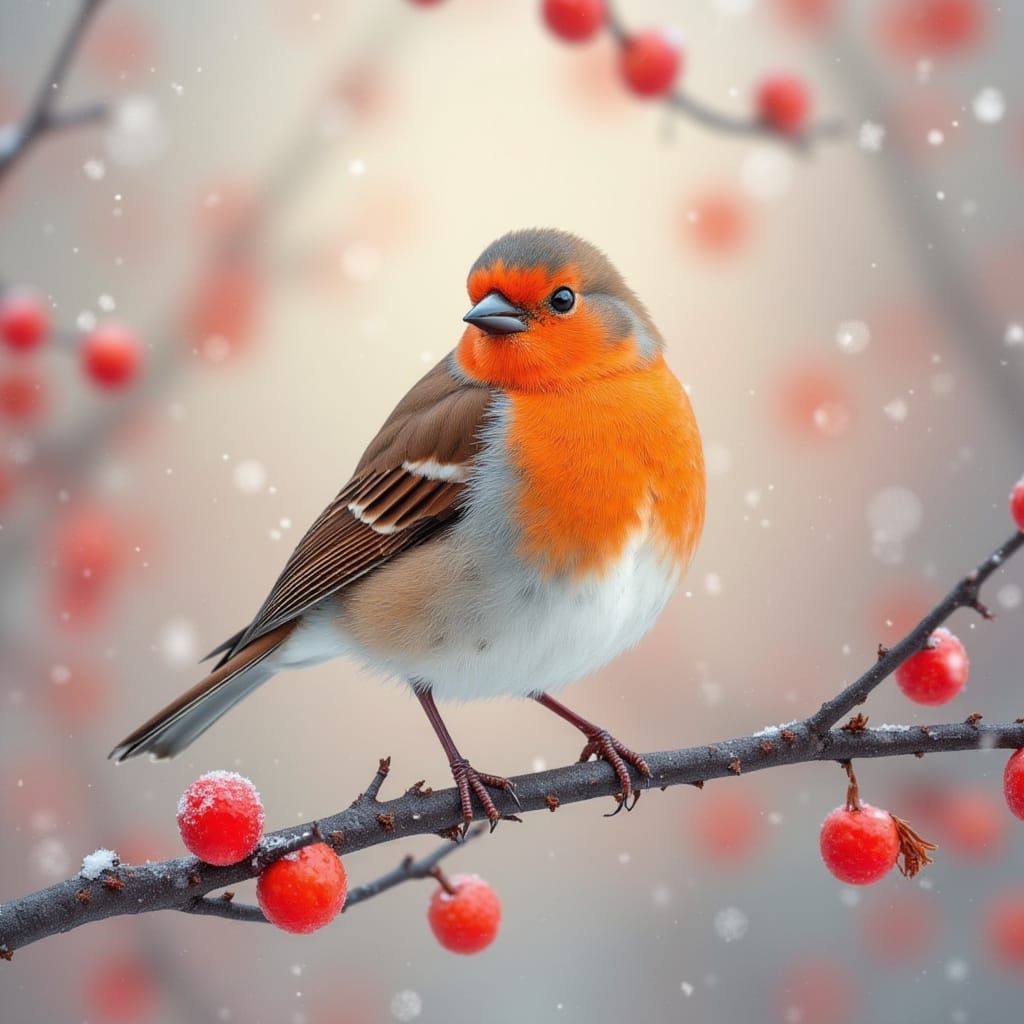 Orange Finch on Winter Branch, Painterly Wildlife Photo