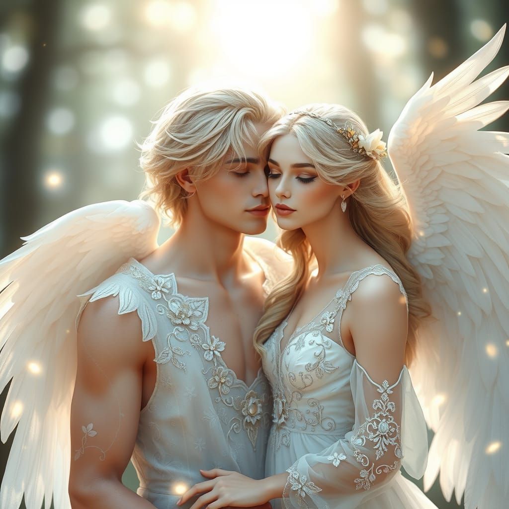 Ethereal Angel Couple in Dreamy Bokeh Forest