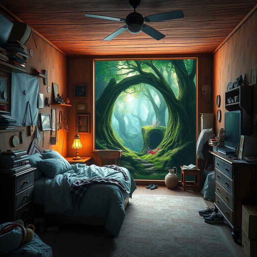 Mystical Forest Portal in Cluttered Bedroom