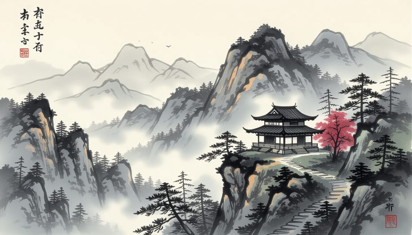 Japanese Ink Wash Painting of Mountain Chalet