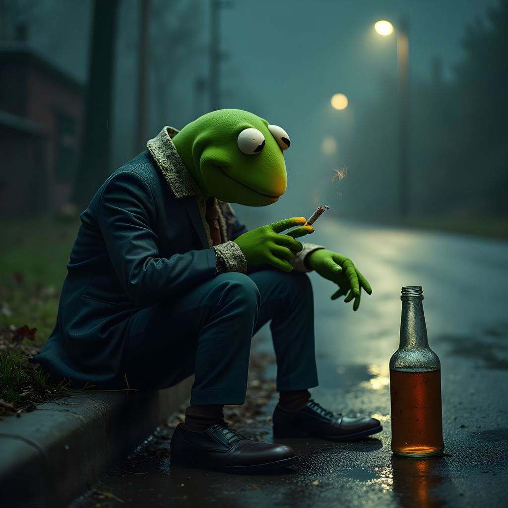 Kermit's Desperate Moment in a Gritty Cinematic Scene