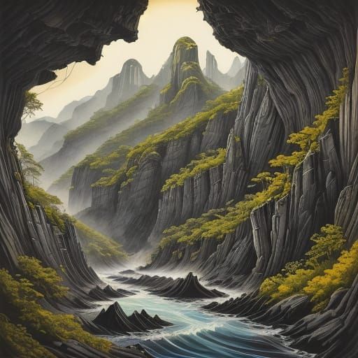 Cave mouth seen in the cliff wall,