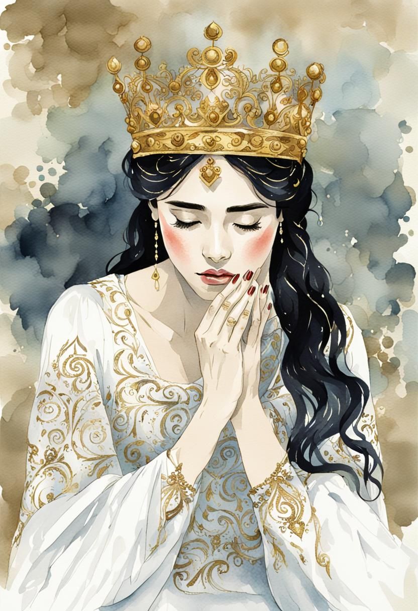 Woman in Gown Kneeling, in Ink-and-Watercolor Style