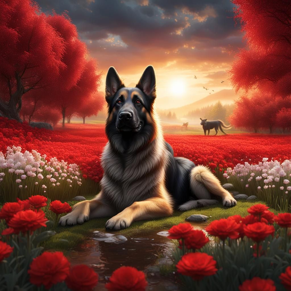 German Shepherd and Cow in Red Flower Field