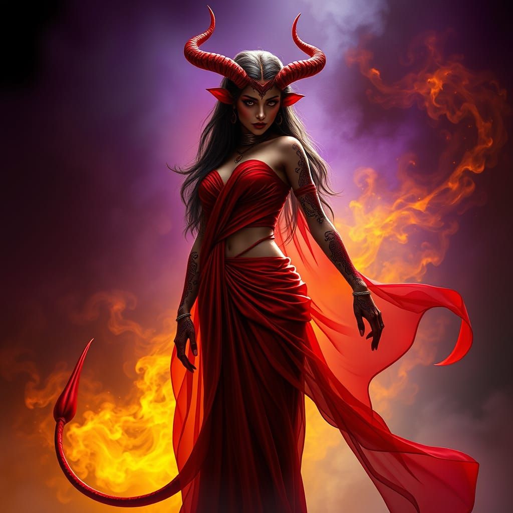 Ethereal Indian Demoness in Crimson Splendor