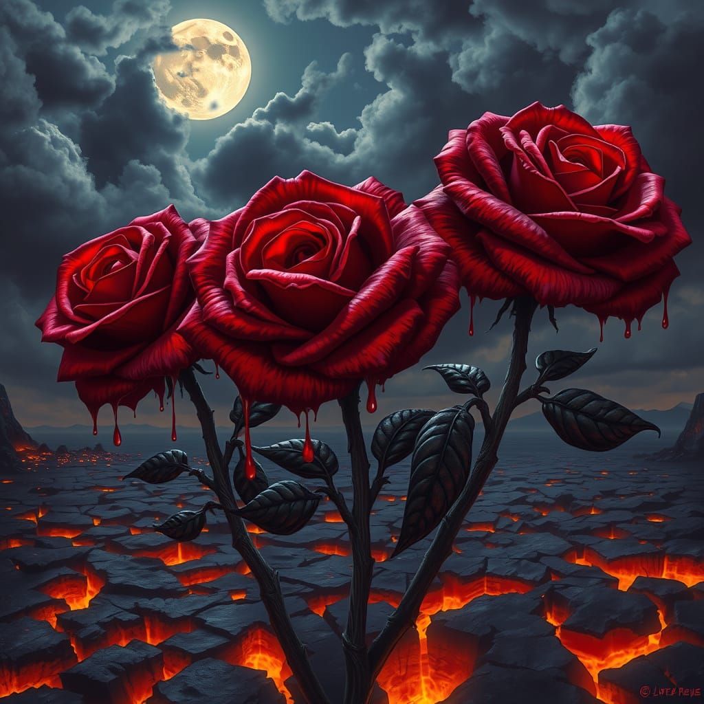 A dark and atmospheric scene featuring three large RED roses...