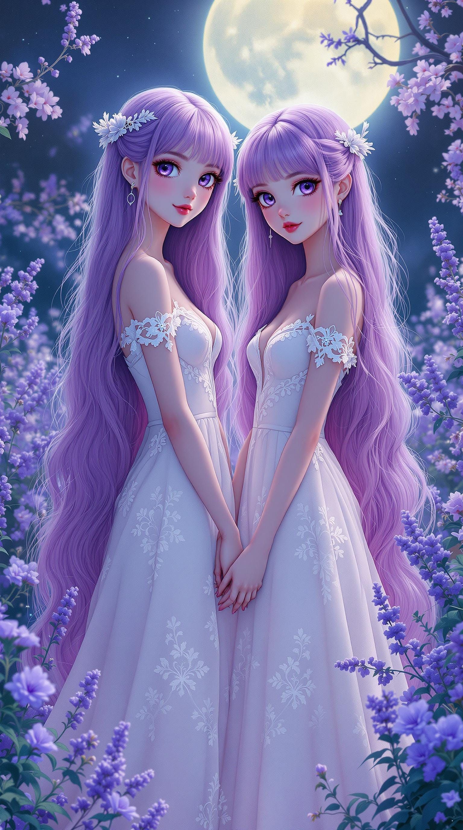 Twin Sisters with Long Purple Hair and Beautiful Large Purpl...