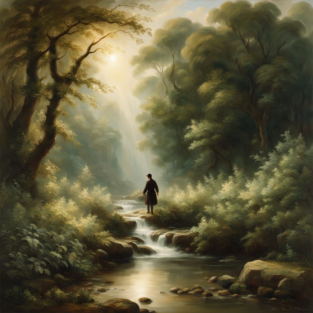 Ghostly Man in Romantic Oil Painting of English Forest