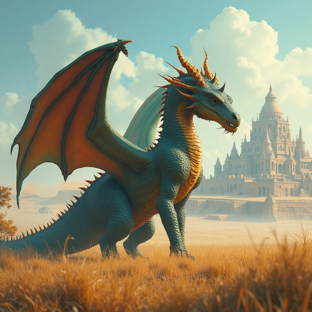 Wingless Dragon in Savannah, Detailed Matte Painting