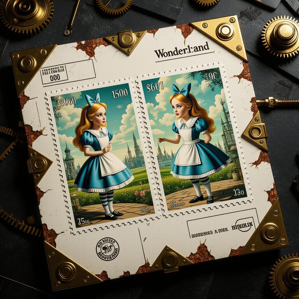 Alice in Wonderland Stamps in Sci-Fi Style
