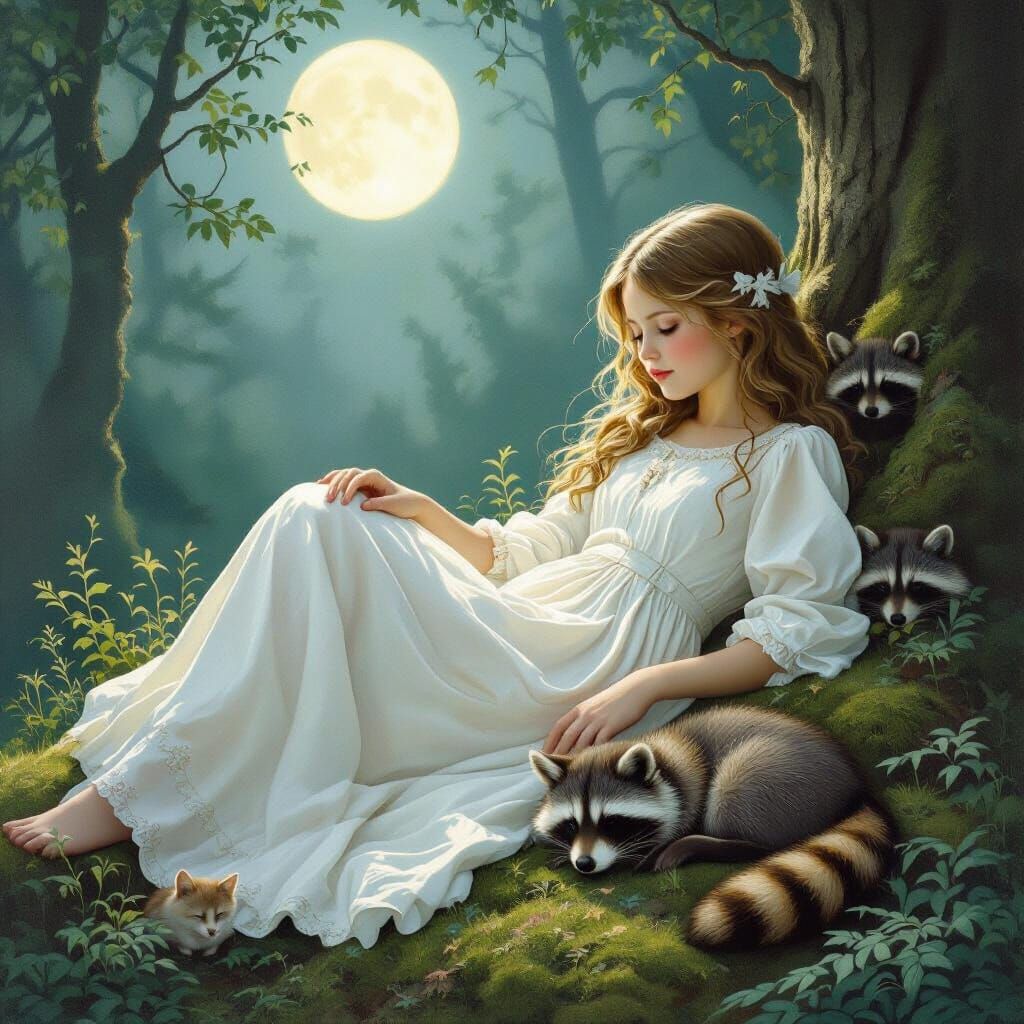 Moonlit Forest Scene with Girl, Cat and Raccoon