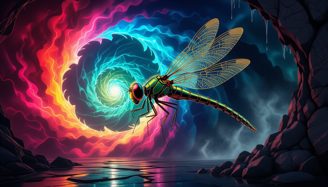 Golden Cyborg Dragonfly in Nebula Vortex
