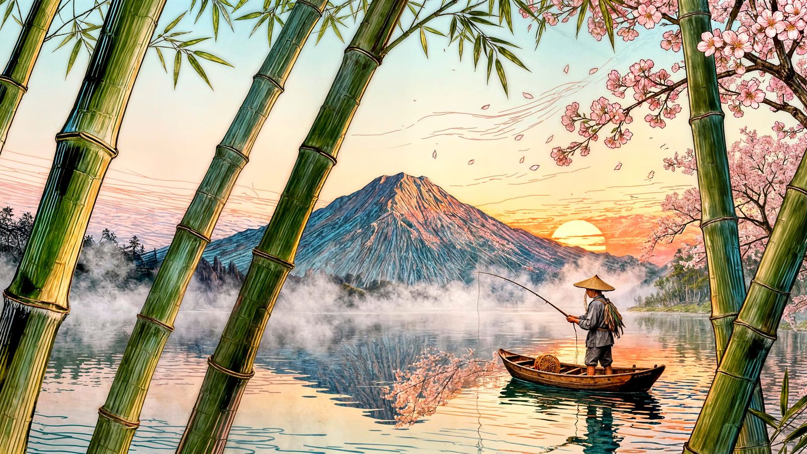 Serene Sunset Fishing Scene with Bamboo and Cherry Blossoms