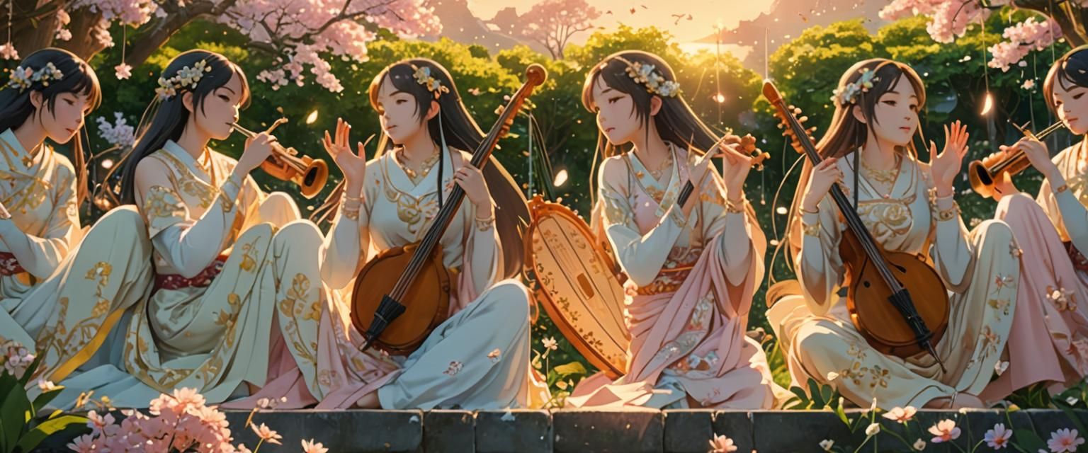 Anime Ladies in Lush Garden with Musical Instruments