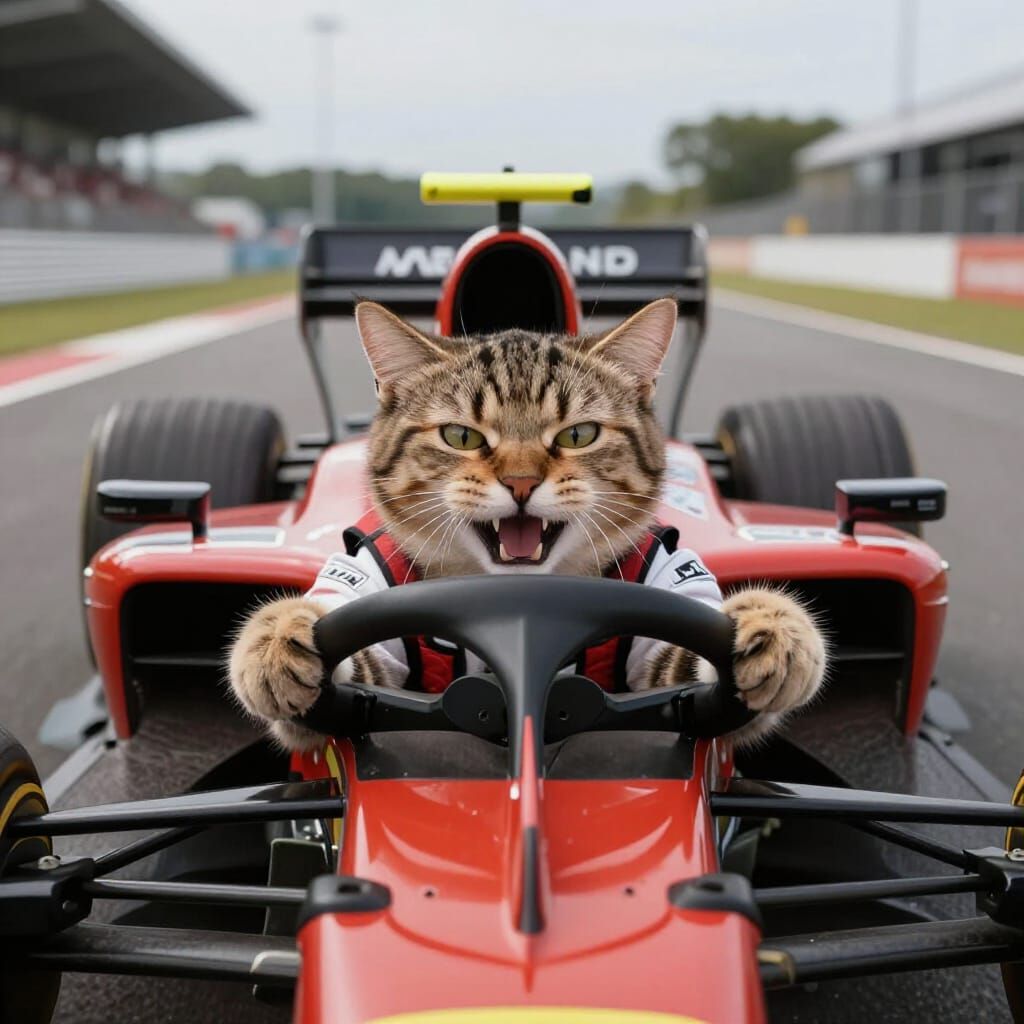 Furious Cat Drives Formula One Car With Paws on Wheel