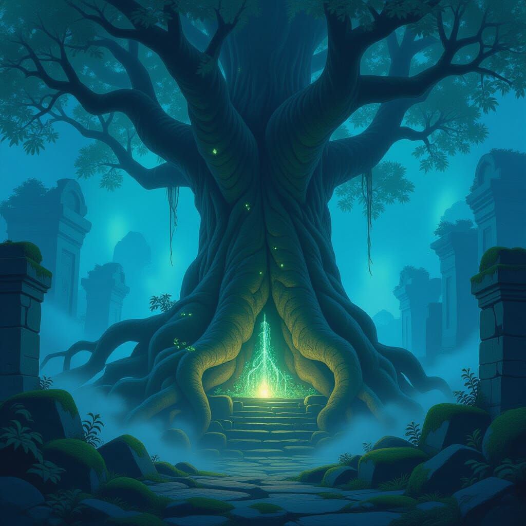 Ancient Bioluminescent Tree Over Ruins in Misty Forest